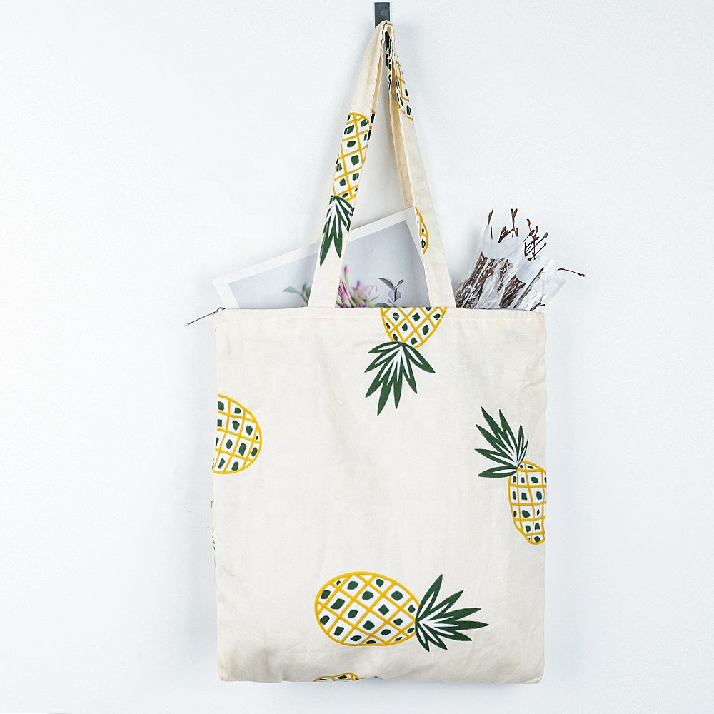 Custom Logo Printed Eco-Friendly Pineapple Pattern Reusable Grocery Shopping Canvas Cotton Tote Bags