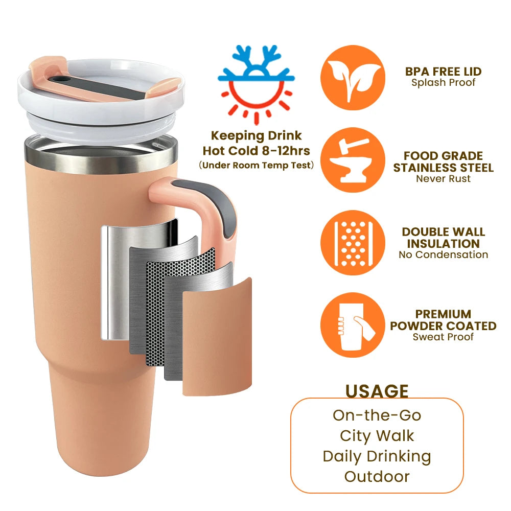 Custom Adventure H2.0 40 oz Coffee Thermal Cup Stainless Steel Black Insulated Travel Mug 40Oz Tumbler With Handle and Straw