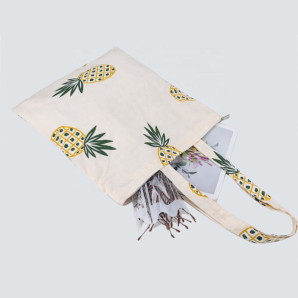 Custom Logo Printed Eco-Friendly Pineapple Pattern Reusable Grocery Shopping Canvas Cotton Tote Bags